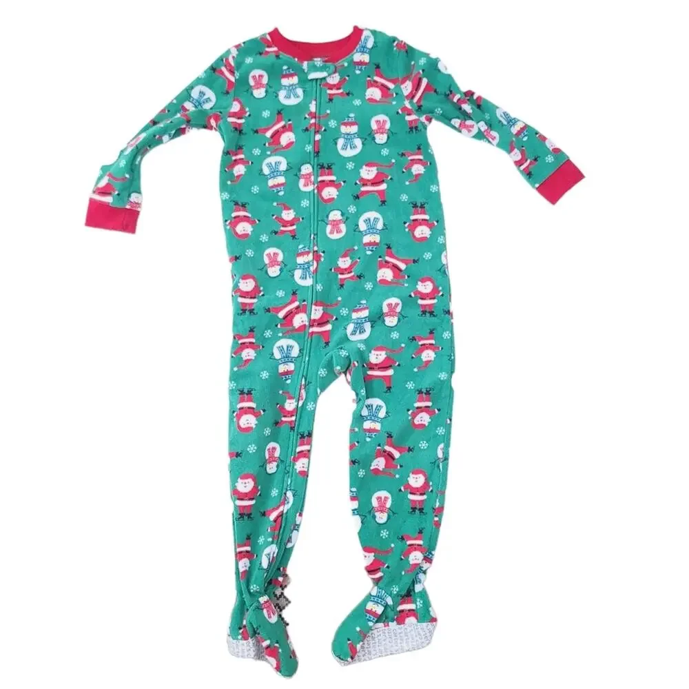 Carters Footed Pajamas 4T Snowman Santa Christmas Holiday Green Red PJs Unisex